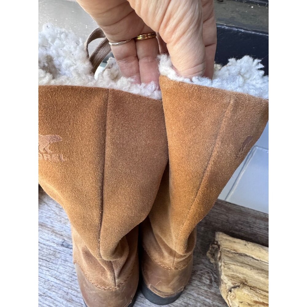 SOREL Emelie NL2680-286 Tan Suede Leather Waterproof Lace Up Tall Boots Faux Fur - Picture 5 of 10